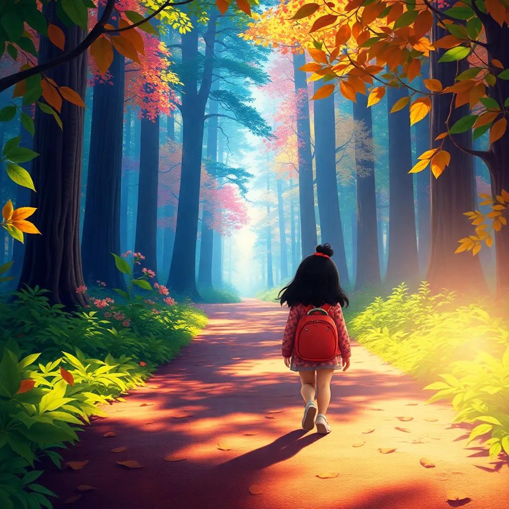 Mia walking on the magical pathway, surrounded by whispering leaves and sunlight, leading to a colorful forest with tall trees, digital painting, lively scene, bright colors, inviting atmosphere, high quality