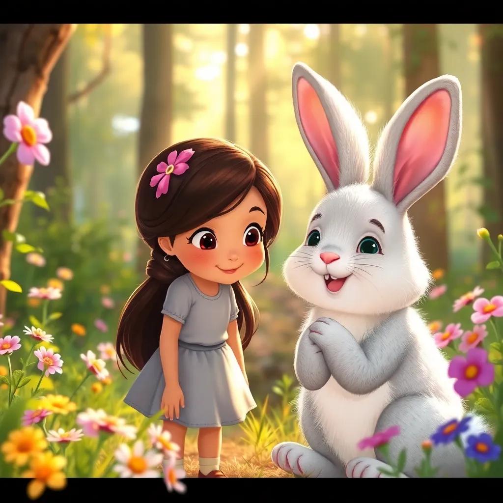 Mia meeting a friendly rabbit named Benny, with white fluffy fur and big ears, in the middle of the forest, surrounded by flowers and greenery, illustration, cheerful and vibrant, warm sunlight, child-friendly, high quality