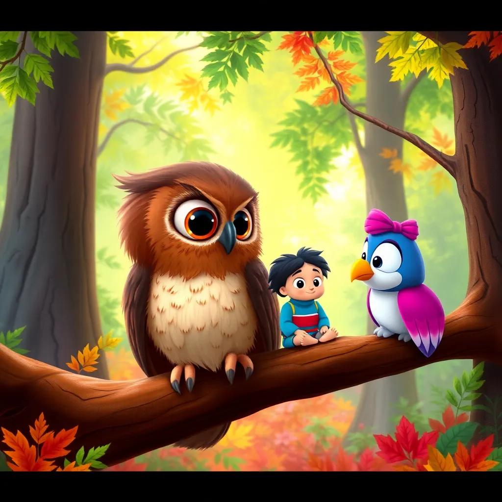 A wise old owl named Oliver, with brown feathers and large eyes, perched on a tree branch, talking to Mia and Benny in the forest, colorful foliage surrounding them, illustration, friendly atmosphere, charming details, high quality