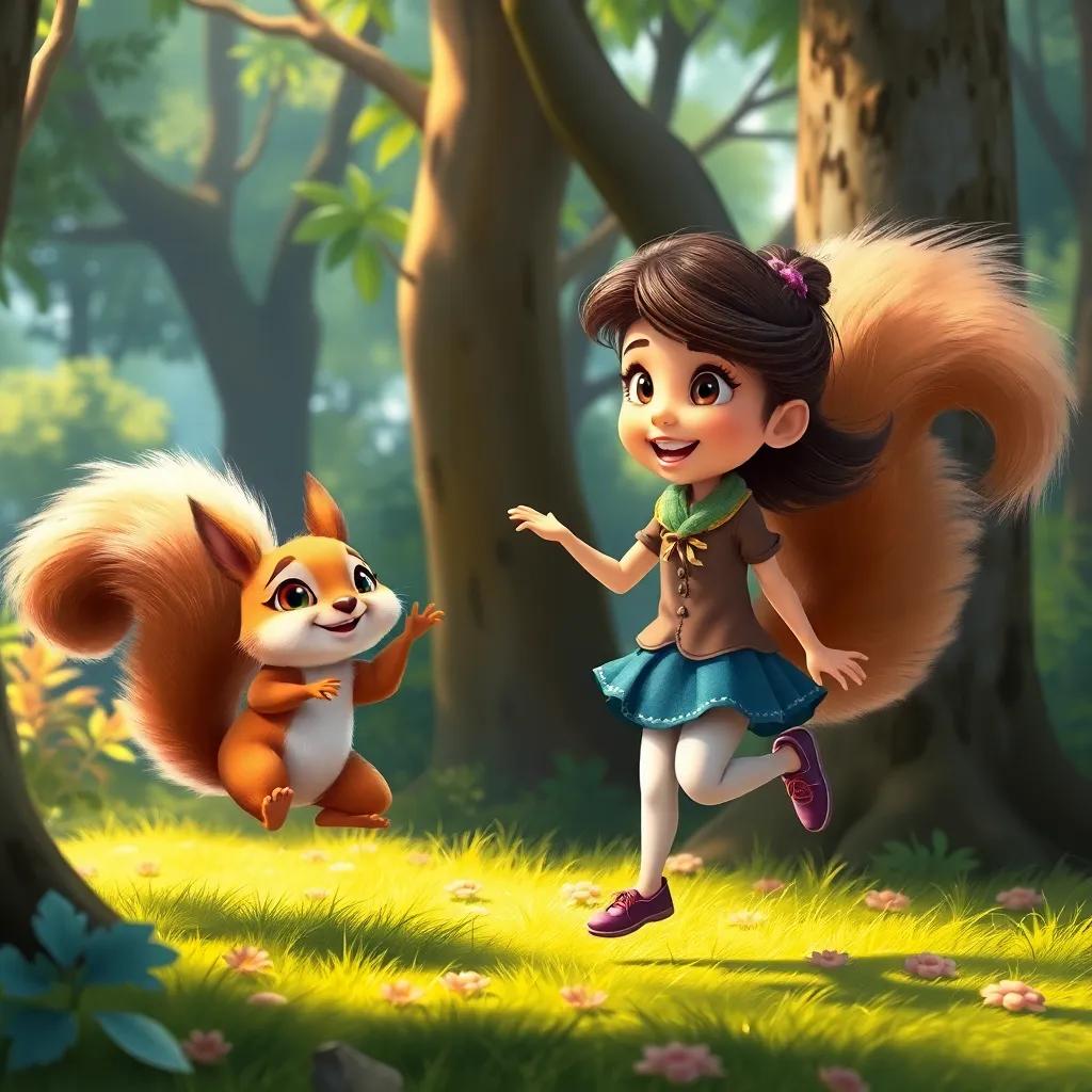 Mia playing with a playful squirrel named Sammy, with fluffy tail and bright eyes, jumping around trees in a joyful manner, in a vibrant forest, digital painting, fun and lively scene, colorful, high quality