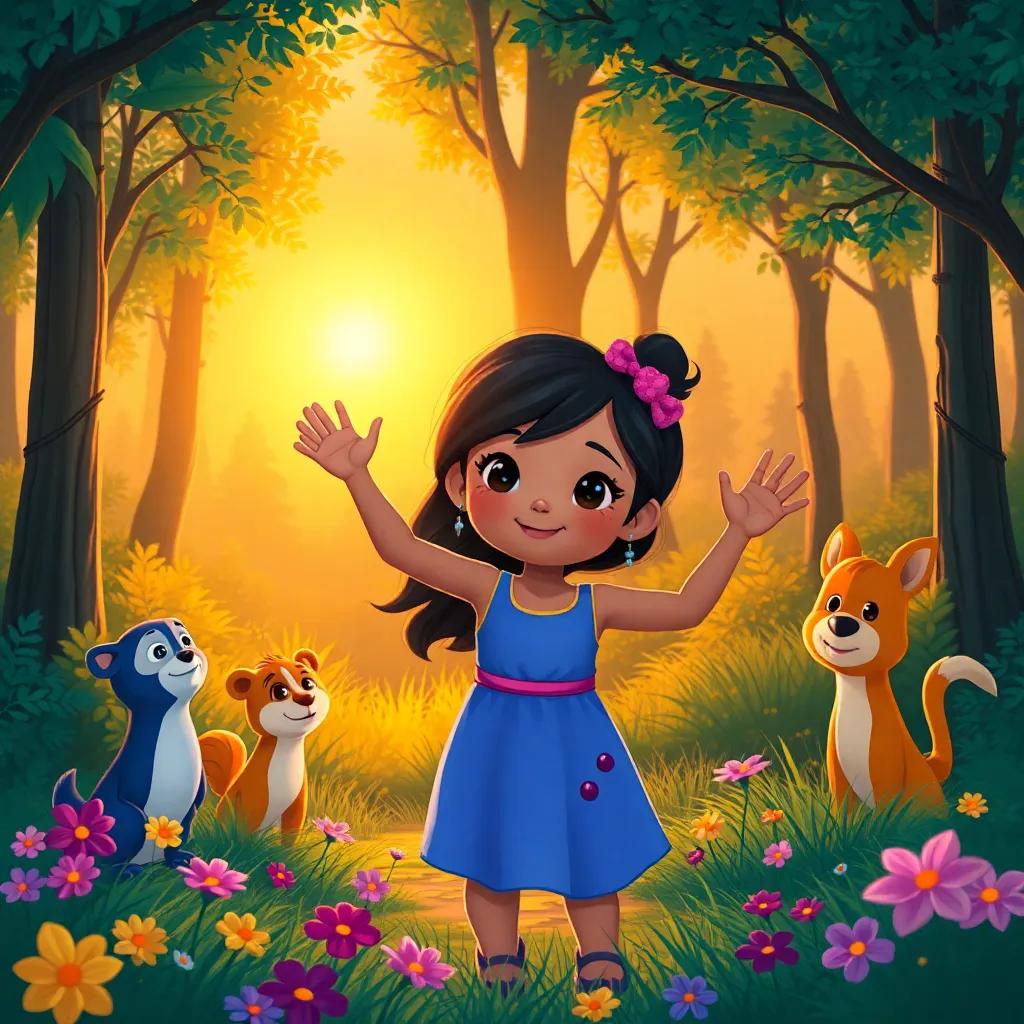 Mia waving goodbye to her animal friends in the forest, as the sun sets in the background, casting warm light, surrounded by trees and flowers, illustration, heartwarming, colorful atmosphere, high quality