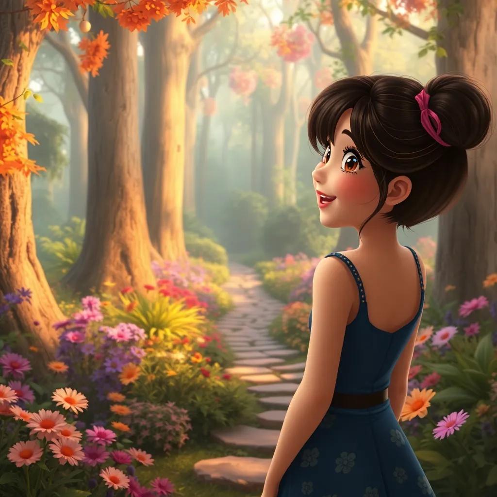 Mia looking back at the magical forest from her backyard, with a joyful expression, the hidden pathway visible, surrounded by her colorful garden, digital art, nostalgic atmosphere, warm colors, high quality