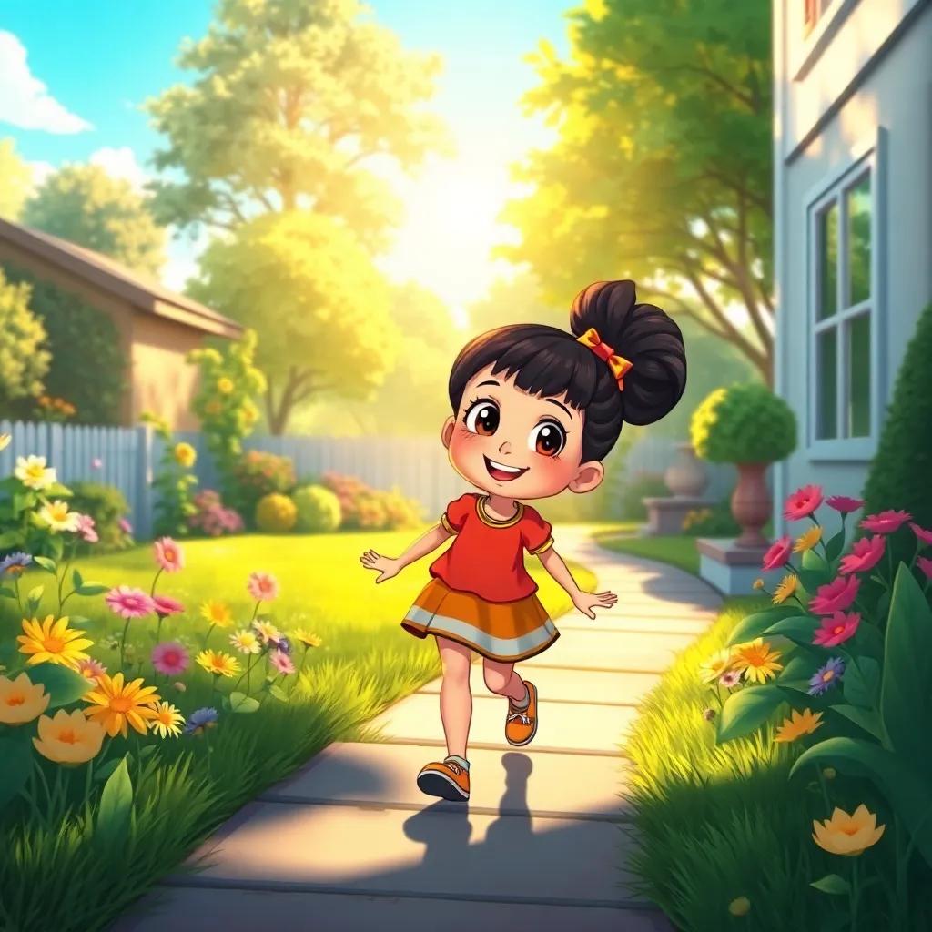 Mia happily walking home along the pathway, with the sun shining down and her backyard behind her, filled with flowers, trees, and sunshine, digital painting, cheerful atmosphere, warm colors, high quality