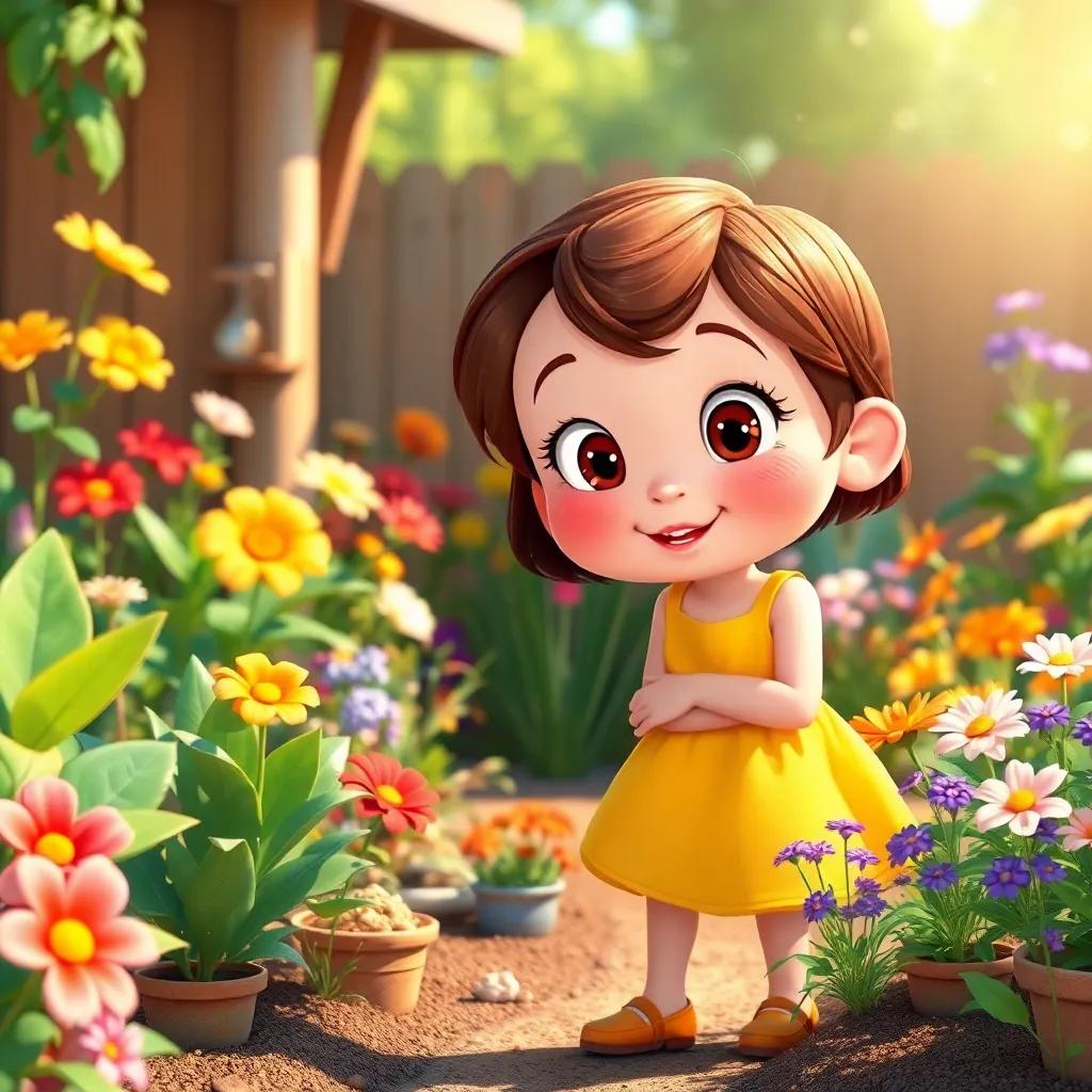A curious girl named Lily, with short brown hair, wearing a bright yellow dress, exploring her backyard filled with colorful plants and flowers, sunny day, cheerful atmosphere, digital art