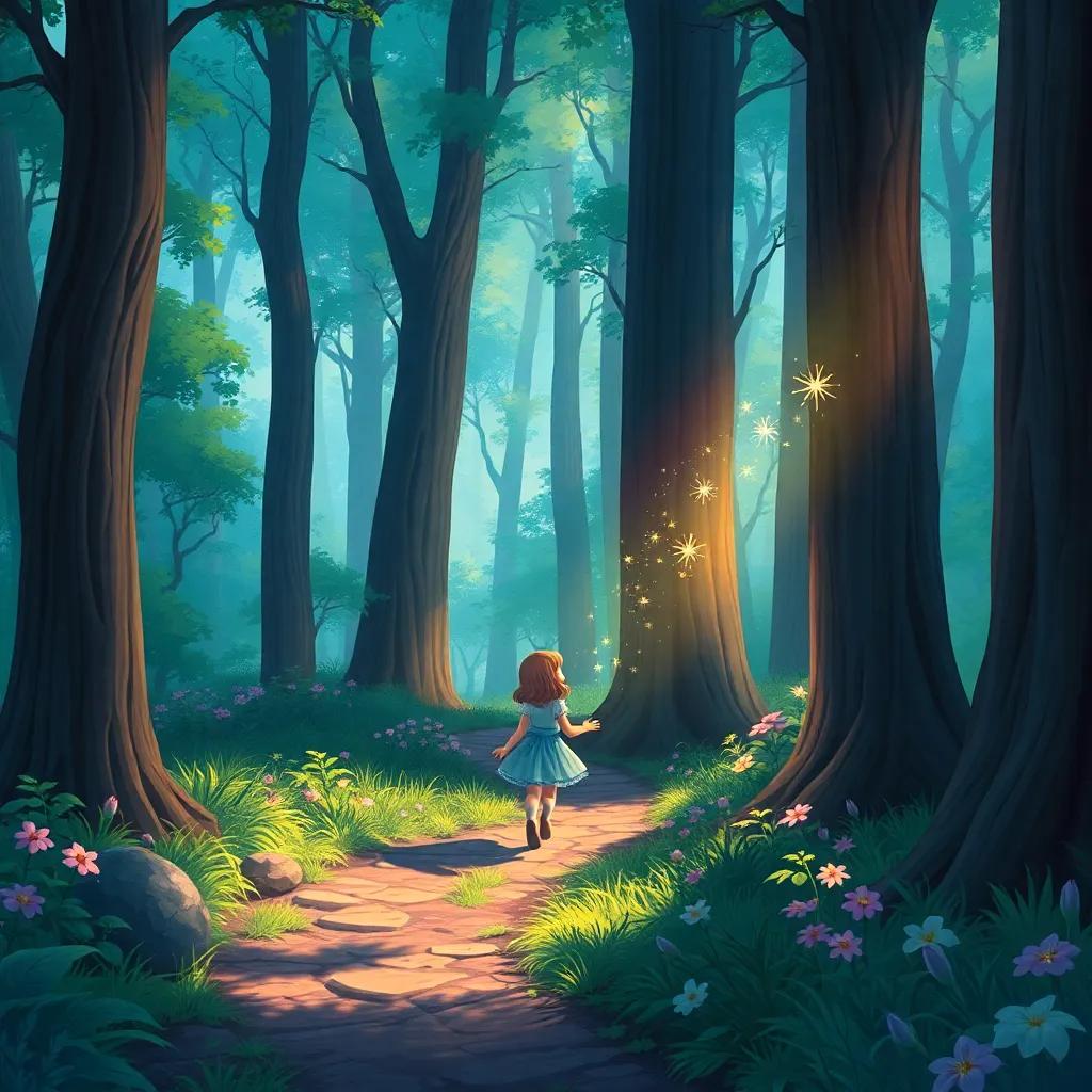 Lily following a hidden path with tall trees around her, beautiful colors and magical sparkles in the air, entering the Whispering Woods, enchanting scenery, vibrant colors, detailed illustration