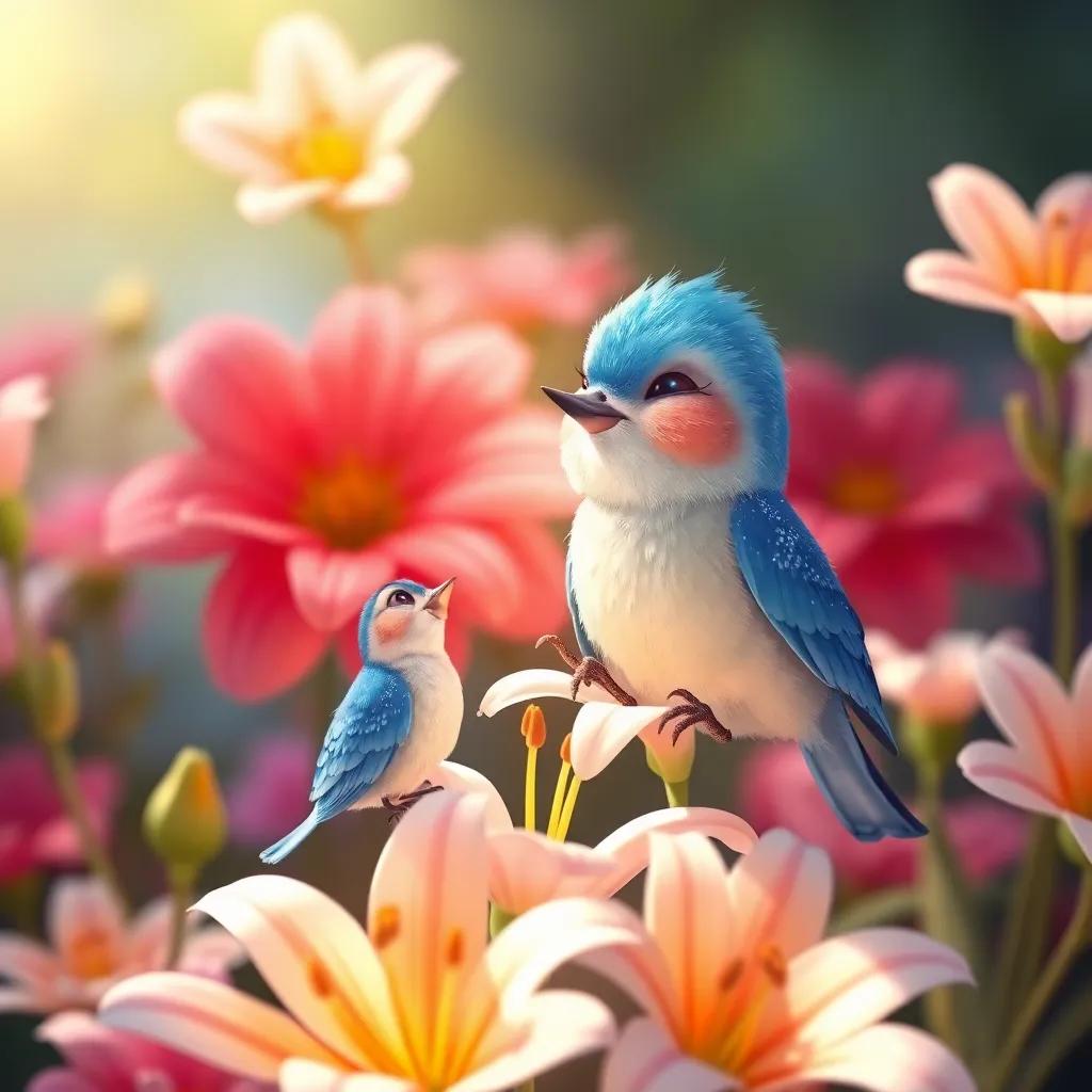 A tiny bluebird with sparkling feathers happily chirping to a smiling Lily, surrounded by blooming flowers, warm light, friendly atmosphere, colorful, whimsical art