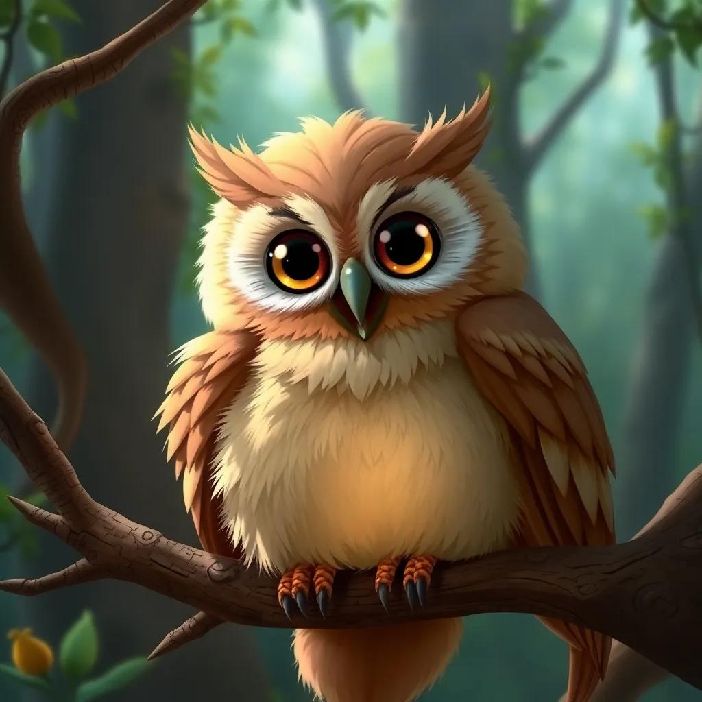 A wise old owl with fluffy brown feathers and big sparkling eyes, perched on a branch, inviting Lily to sit and listen to stories, magical forest background, cozy and inviting, detailed art