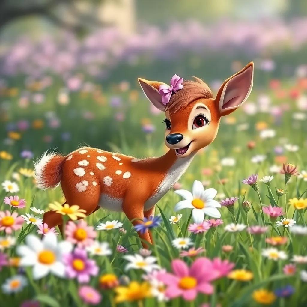 A friendly deer named Daisy, with soft brown fur, playing hide and seek with Lily in a meadow full of flowers, laughter and joy in the scene, bright and colorful, wonderful atmosphere