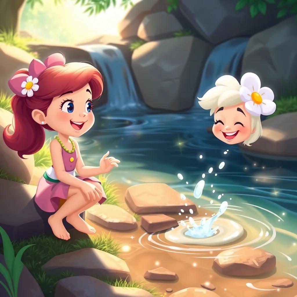 Lily and Daisy playing by a sparkling stream called Giggle Water, Daisy splashing water, Lily giggling joyfully, lively colors, happy vibe, uplifting illustration