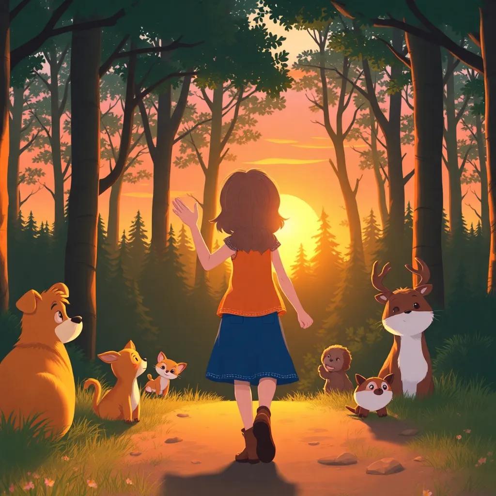 Lily walking back, waving goodbye to her animal friends in the forest as the sun sets behind the trees, warm colors, calming scene, heartwarming illustration