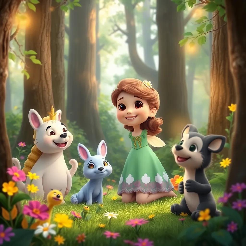 Lily visiting her magical friends in the woods, filled with laughter and games, trees and flowers all around, vibrant and joyful atmosphere