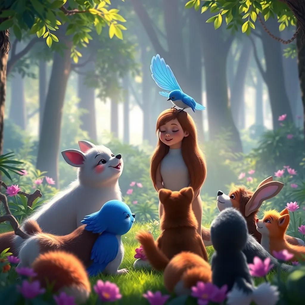 A beautiful farewell scene as animals gather around Lily, with the bluebird fluttering its wings, vibrant forest, soft light, emotional and joyful moment