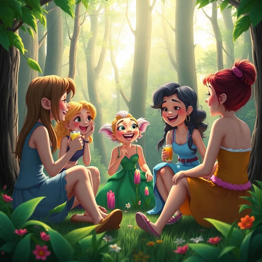 Lily enjoying a fun gathering of friends in the woods, sharing secrets and laughter, magical scenery, colorful, fantasy art