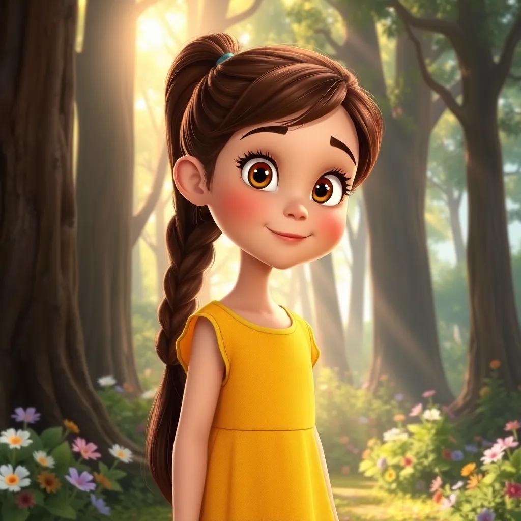 A curious girl, Lucy, with brown hair in a ponytail, wearing a yellow dress, standing in a magical forest with tall, whispering trees, colorful flowers, bright sunlight shining through the leaves, digital art, vibrant colors, enchanting atmosphere, high quality