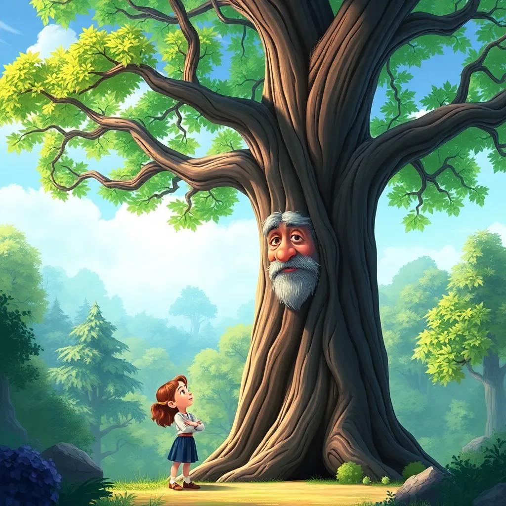 Elder Oak, a tall and wise tree, with rough bark and bright green leaves, speaking to Lucy, who is looking up with wonder, surrounded by magical forest scenery, illustration, detailed, friendly and inviting, high quality