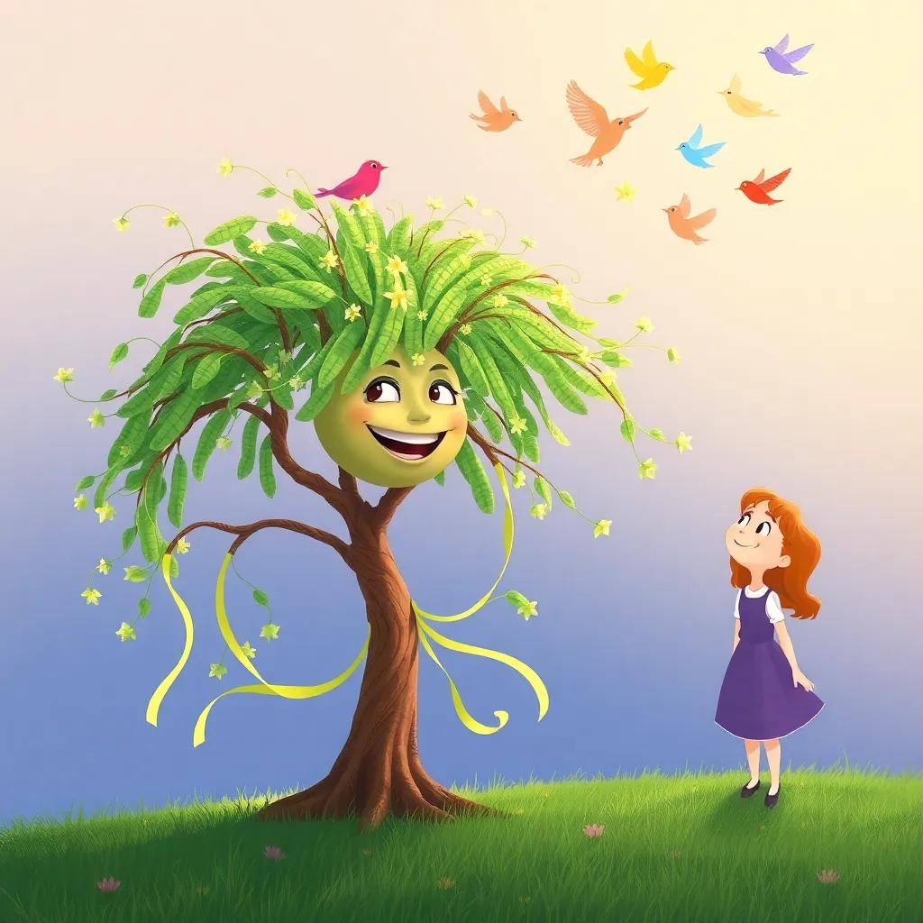 Willow, a smaller tree with long, flowing leaves like ribbons, happily swaying in the wind, next to Lucy who is laughing, with colorful birds flying above them, whimsical style, cheerful, bright colors, high quality