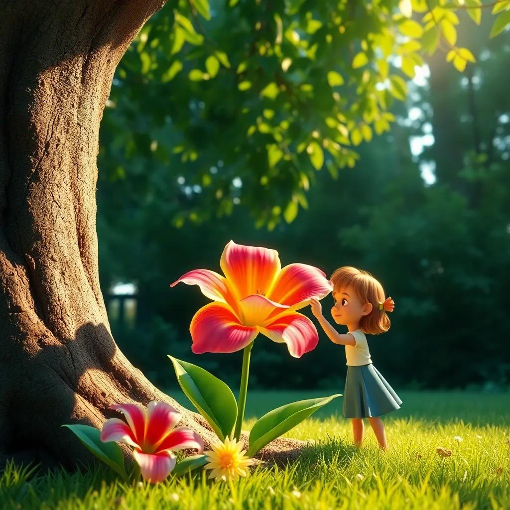 A beautiful flower at the base of a tree, with vibrant colors, and Lucy gently picking it, with a backdrop of lush greenery, soft sunlight filtering through leaves, captivating scene, warm colors, high quality