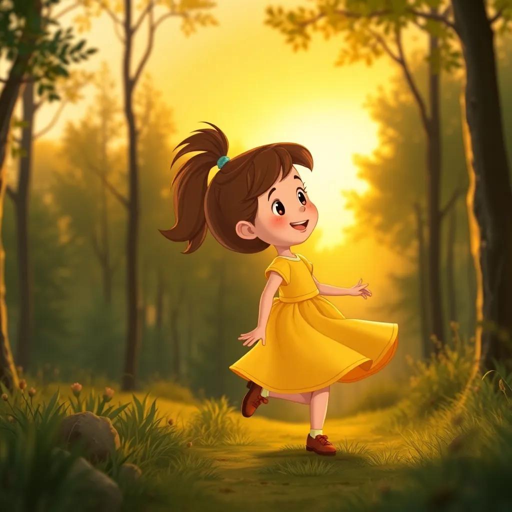 Lucy, with Brown hair in a ponytail and a yellow dress, happily skipping home from the woods, soft golden light of sunset, trees dancing behind her, illustration, joyful, idyllic, high quality