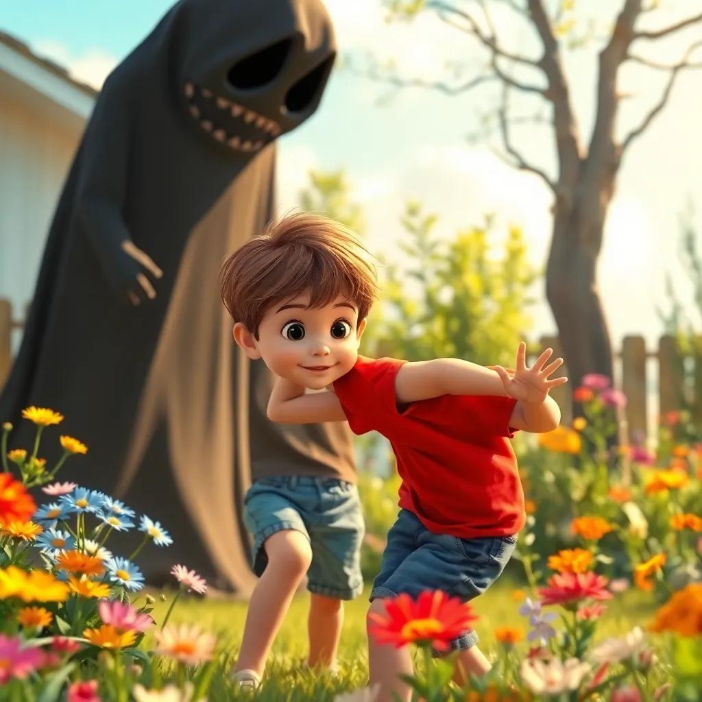 A young boy, Timmy, with short brown hair wearing a bright red t-shirt and denim shorts, playing hide and seek with a tall shadowy figure named Gloom in a sunny backyard filled with colorful flowers, digital art, warm colors, playful atmosphere, high quality