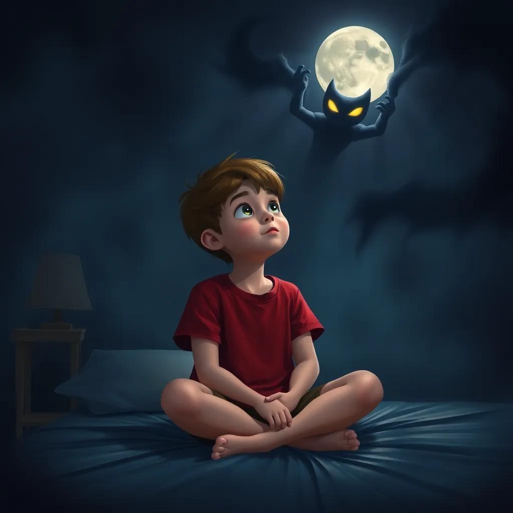 Timmy, a young boy with short brown hair wearing a red t-shirt, sitting cross-legged on his bed at night, gazing at the moon while a shadowy figure named Gloom, with glowing eyes, looms above him, digital painting, dark colors, mystical aura, enchanting quality