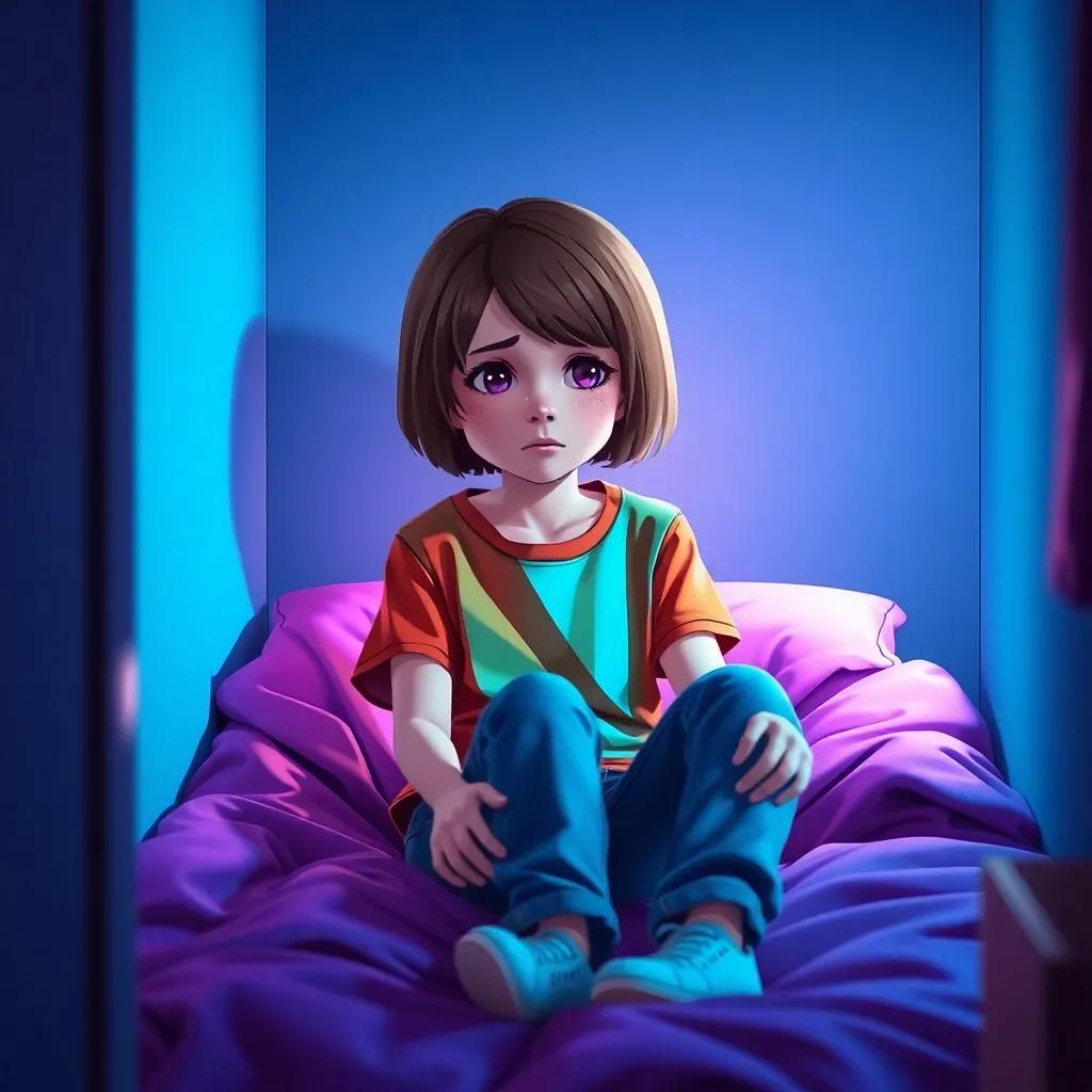A young girl, Sarah, with short brown hair wearing a colorful t-shirt and jeans, sitting on her purple blanket in a small blue room, looking worried, soft light, cozy atmosphere, digital art, vibrant colors, heartwarming scene, high quality