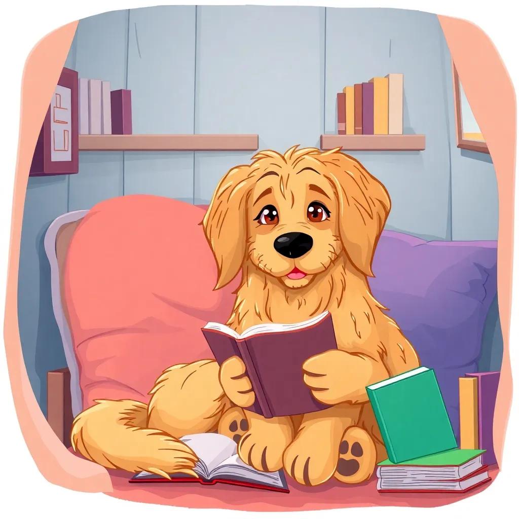A shaggy golden retriever, Scooby, sitting beside Sarah in her reading nook, with gentle brown eyes, and a warm presence, surrounded by cozy cushions and books, illustration, cheerful colors, inviting and safe vibe, child-friendly, high quality