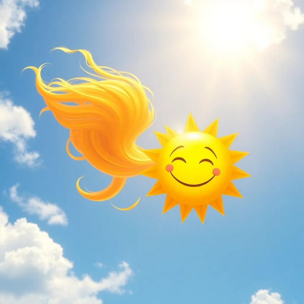 A bright sunny sky with a strong gust of wind, depicting the Wind and Sun personified, the Wind, a swirling figure, and the Sun, a smiling golden face, colorful, cheerful, light and vibrant atmosphere, high quality