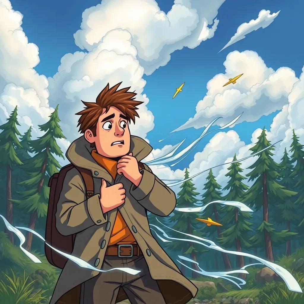 The Wind blowing fiercely, trying to pull the traveler's coat off, the traveler gripping his coat tightly, looking worried, in a forest setting with trees bending, illustrated, lively colors, dramatic clouds, adventure feel, high detail