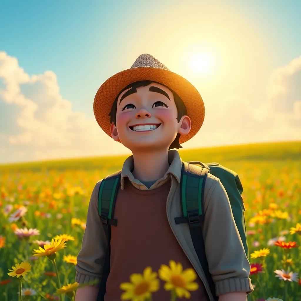 The Sun shining brightly on the traveler, who is smiling and feeling warm, standing in a sunny meadow full of flowers, the Sun in the clouds radiating gentle warmth, colorful, joyful atmosphere, heartwarming scene, high quality