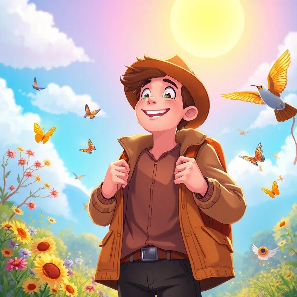 The traveler happily removing his coat under the warm Sun, surrounded by nature, butterflies and birds, the Wind watching from a distance with a surprised expression, vibrant colors, friendly, cheerful vibes, high detail