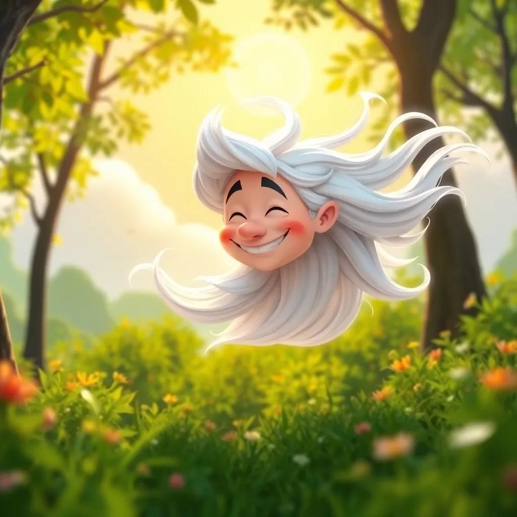 The Wind, now swirling gently through trees, with a calm smile on his face, enjoying the change, the Sun shining brightly in the background, creating a harmonious scene, peaceful colors, serene atmosphere, high quality