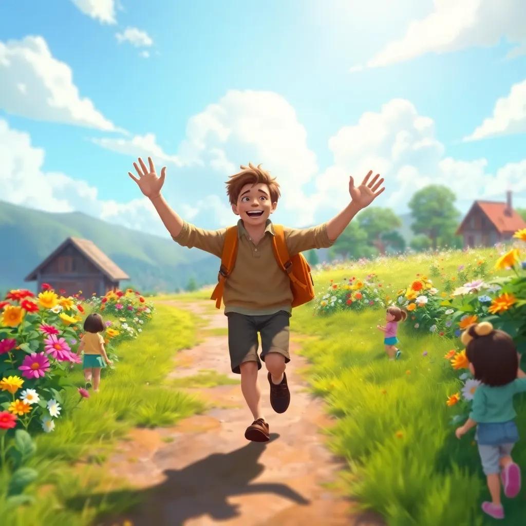 The traveler skipping joyfully down the path with a happy heart, waving to friends, a bright sunny sky above, flowers blooming, children playing, colorful, uplifting scenery, high detail