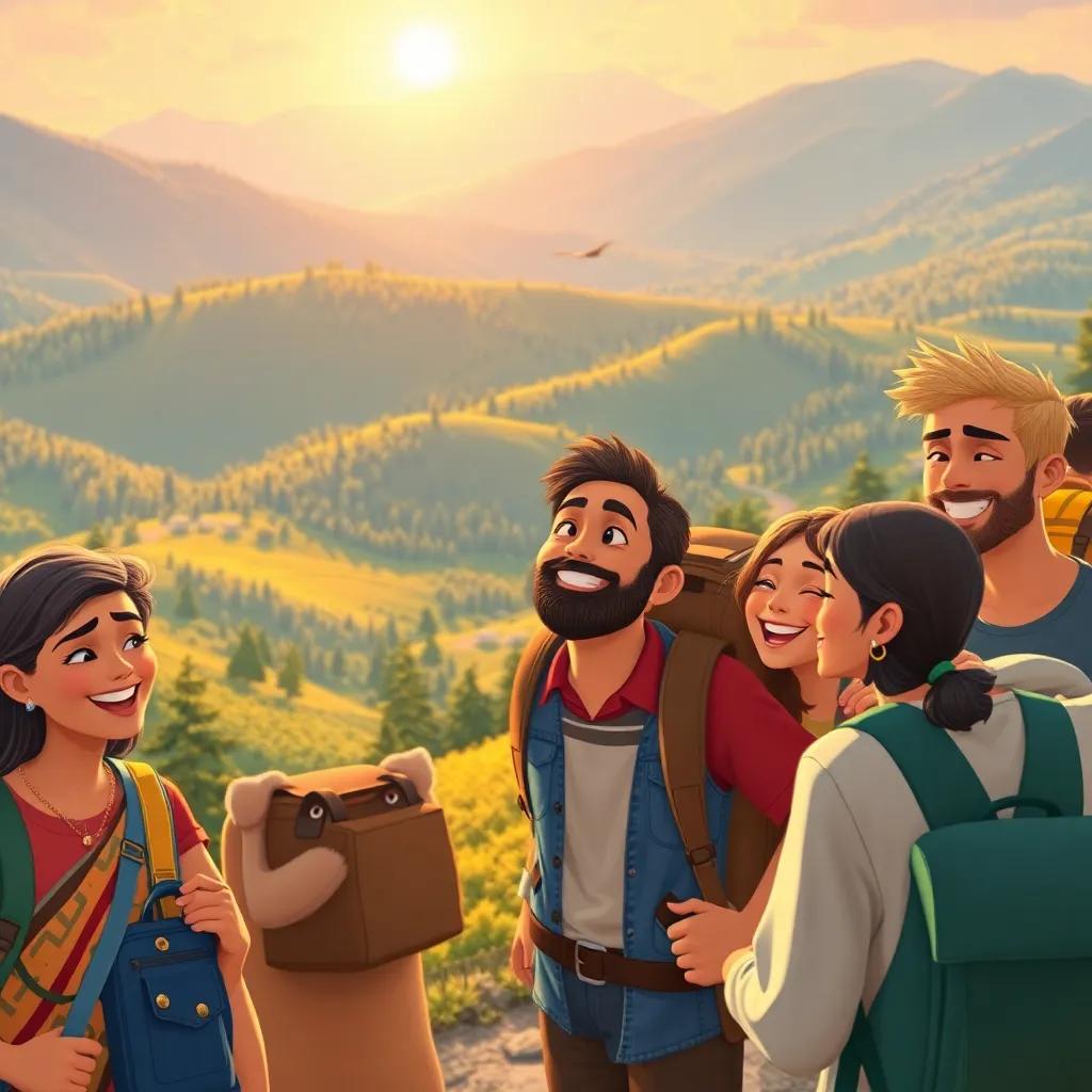 The traveler sharing smiles with people on his journey, spread joy and kindness like the Sun, everyone looking happy and cheerful, a beautiful landscape of hills and trees, vibrant colors, joyful atmosphere, high quality