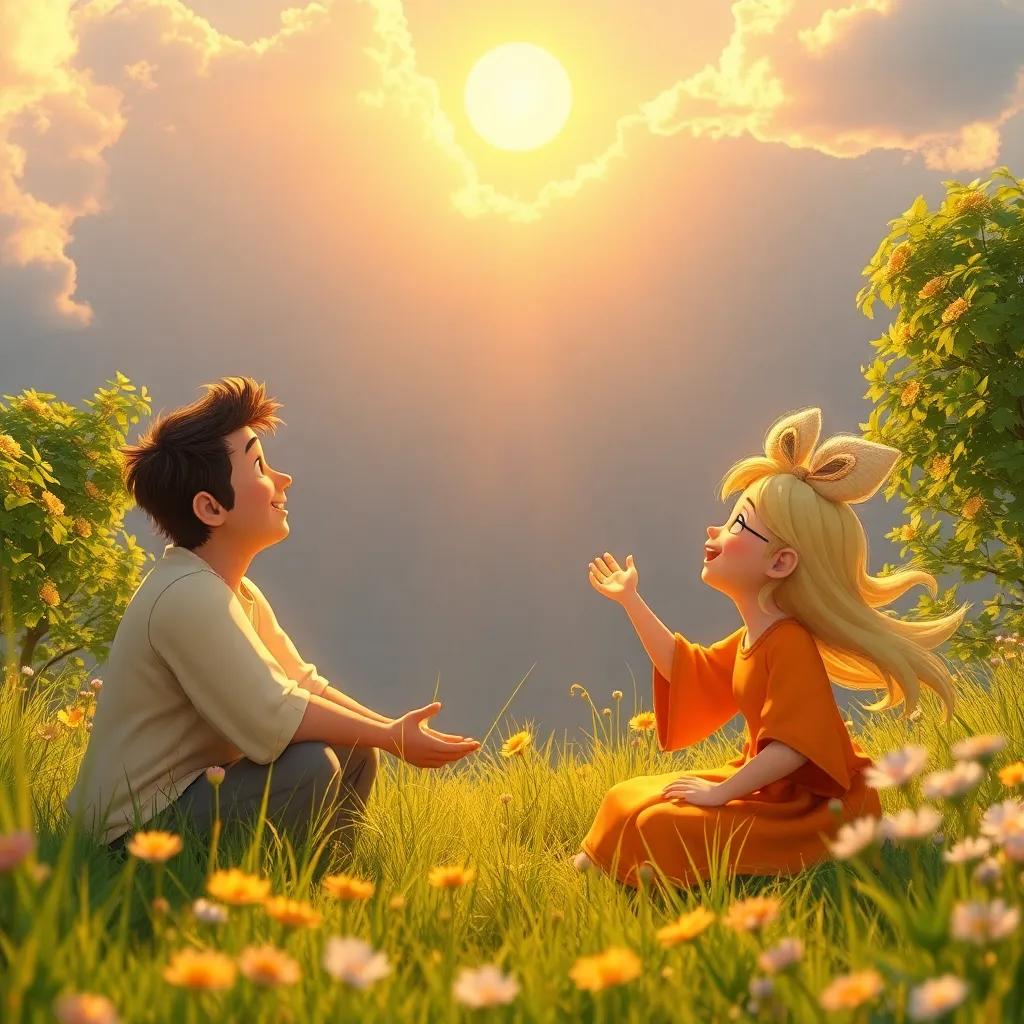 A beautiful scene showing the moral of the story: the Sun and Wind gently interacting with nature, kindness and joy all around, a soothing ambiance, warm light, high detail, uplifting art