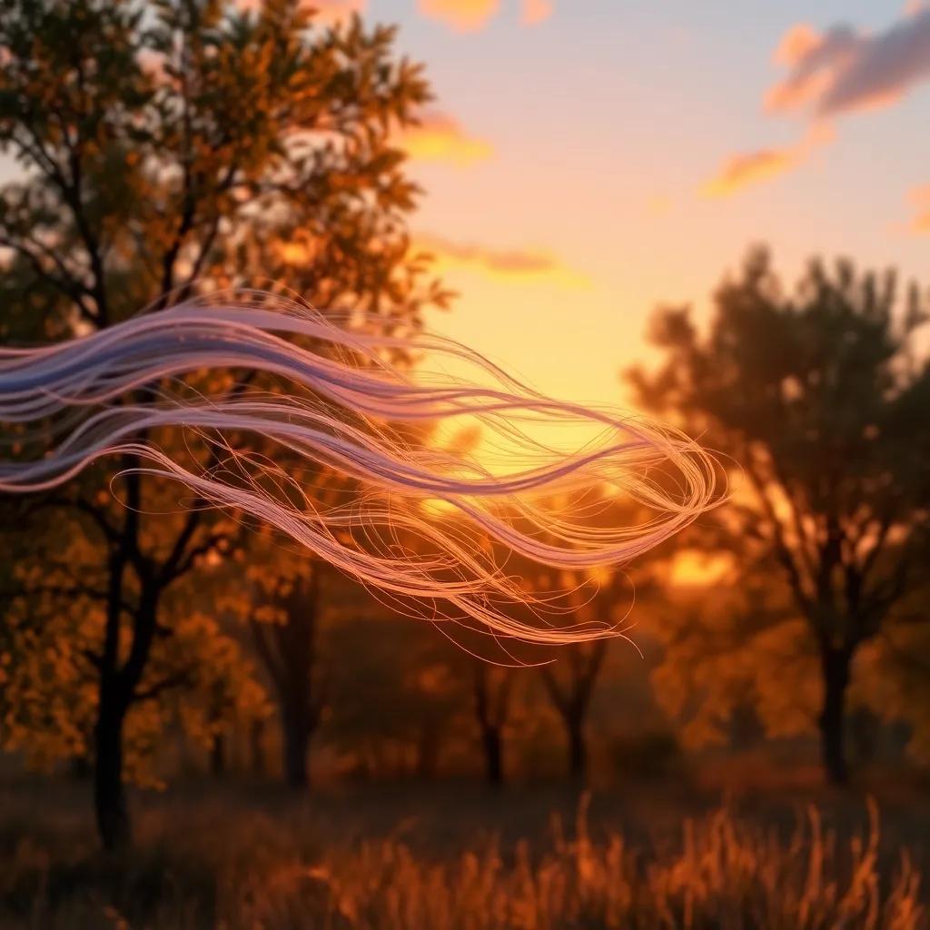 The Wind softly blowing through trees at sunset, with warm colors reflecting on nature, a gentle reminder of kindness and harmony, peaceful and serene, colorful, high detail