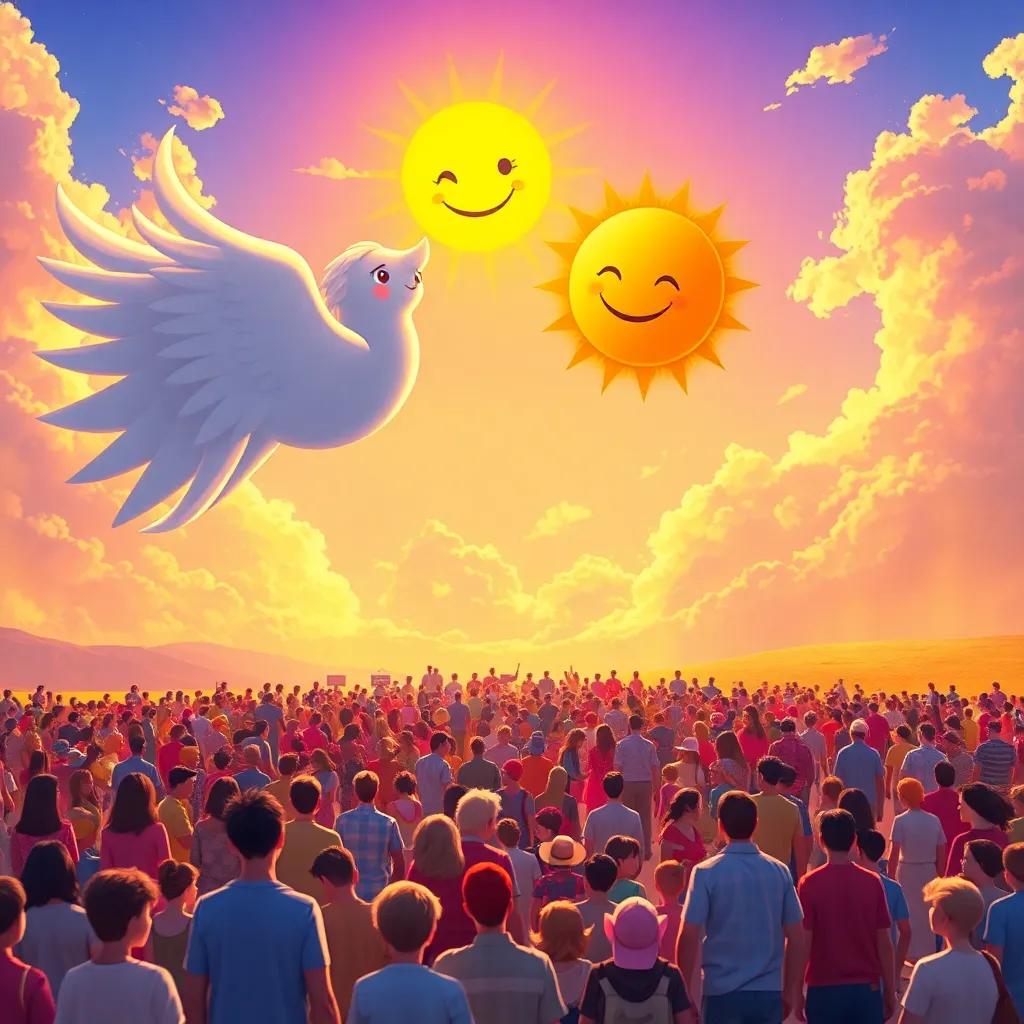 The Wind and Sun together in the sky smiling down at a world full of people sharing kindness, with vibrant landscapes, bright colors, encouraging good vibes and togetherness, high quality