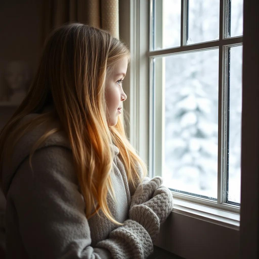 Aino, a young Finnish girl with long, blonde hair wearing a winter coat and mittens, looking out her window filled with sparkling snow, a cozy home interior, soft light, warm colors, inviting atmosphere, high quality