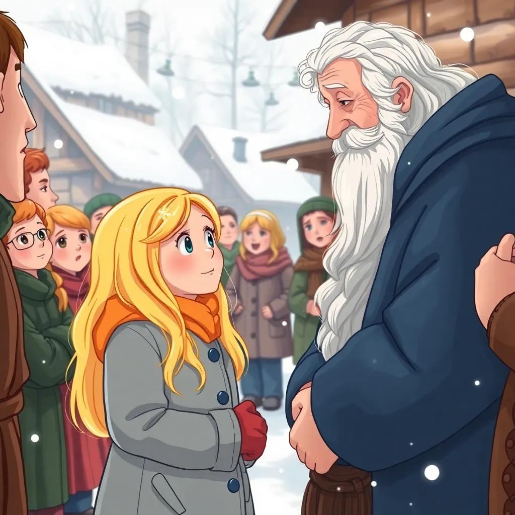 Aino, a young Finnish girl with long, blonde hair wearing a winter coat and mittens, listening to the wise elder Väinö in the village square surrounded by villagers, soft snowflakes falling, determined expressions, community spirit, illustration, bright and hopeful colors, child-friendly