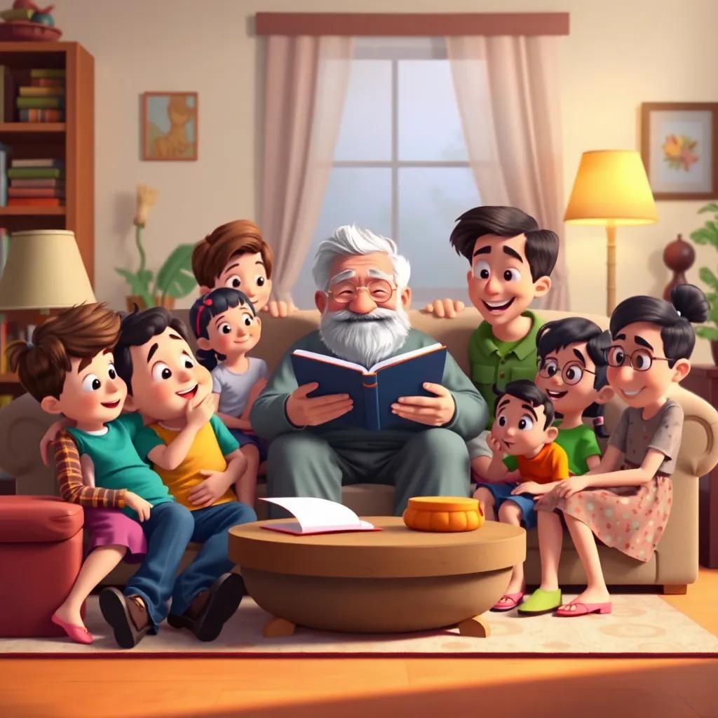 A cozy living room scene with Grandpa, sitting on the sofa, surrounded by children, sharing stories with animated expressions, colorful decor, soft lighting, family togetherness, heartwarming, digital painting, happy atmosphere