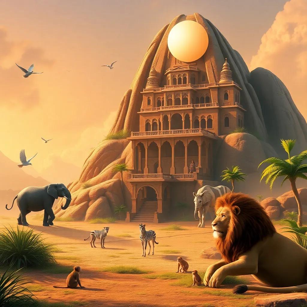A peaceful ancient land with a high hill and a majestic palace, soft glowing white orb hovering above the balcony, elephant bowing its head, zebra standing tall, doves flying, monkeys sitting calmly, and a lion resting quietly, digital art, warm colors, serene atmosphere, high quality
