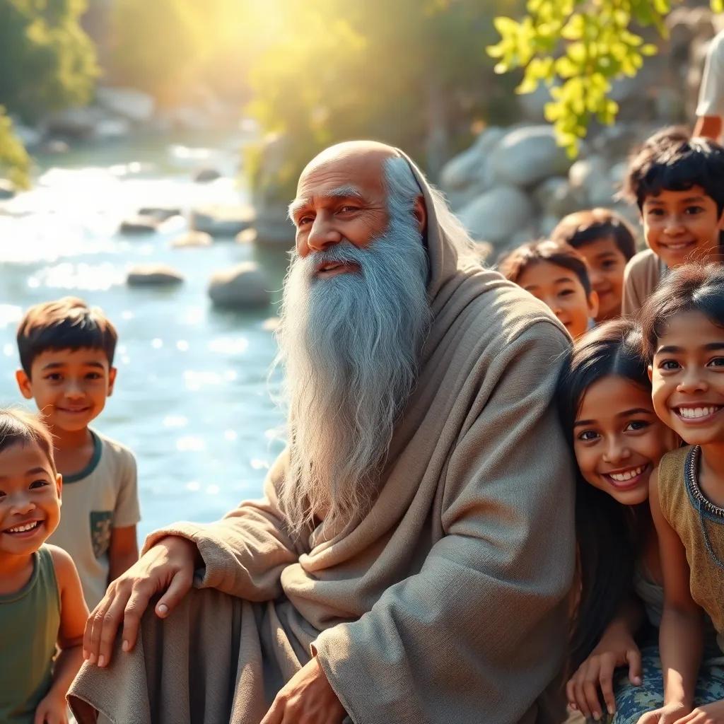 A wise old man with a long gray beard, wearing a simple robe, sitting beside a sparkling river, surrounded by curious children of different ethnicities, smiling gently, bright sunlight, digital art, warm and inviting, tranquil atmosphere, high quality