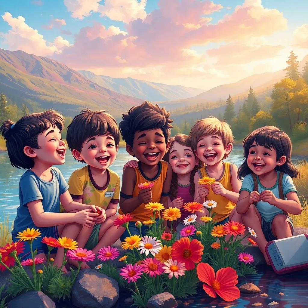 A group of cheerful children, diverse in ethnicity, playing by the river, collecting colorful wildflowers and laughing, with mountains in the background, bright colors, joyful scene, digital painting, vibrant and uplifting, storytelling view, high quality