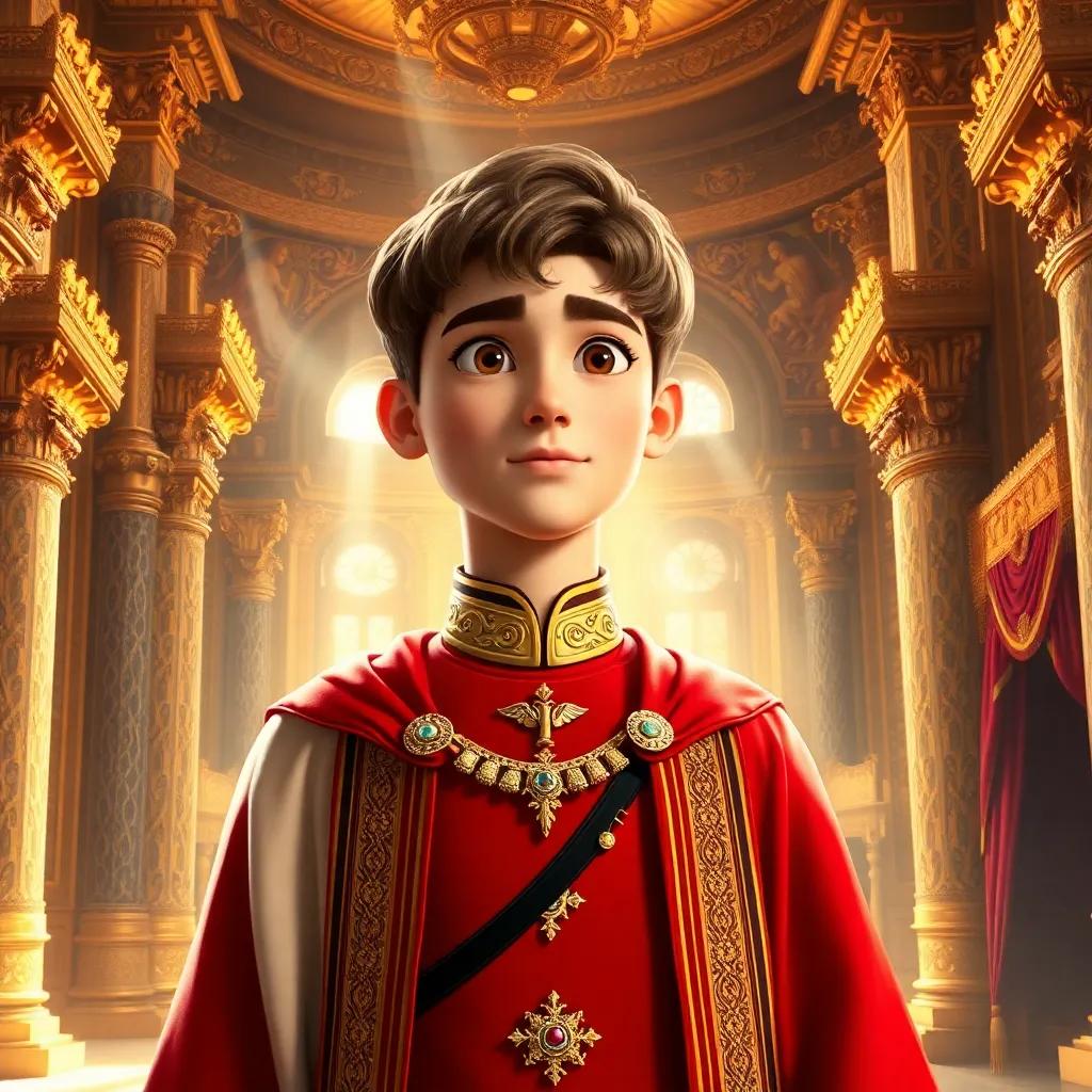 A young emperor, Michael III, with short brown hair and royal robes, standing in a grand palace filled with gold and jewels, sunlight streaming in, digital art, bright, vibrant colors, luxurious atmosphere, high quality