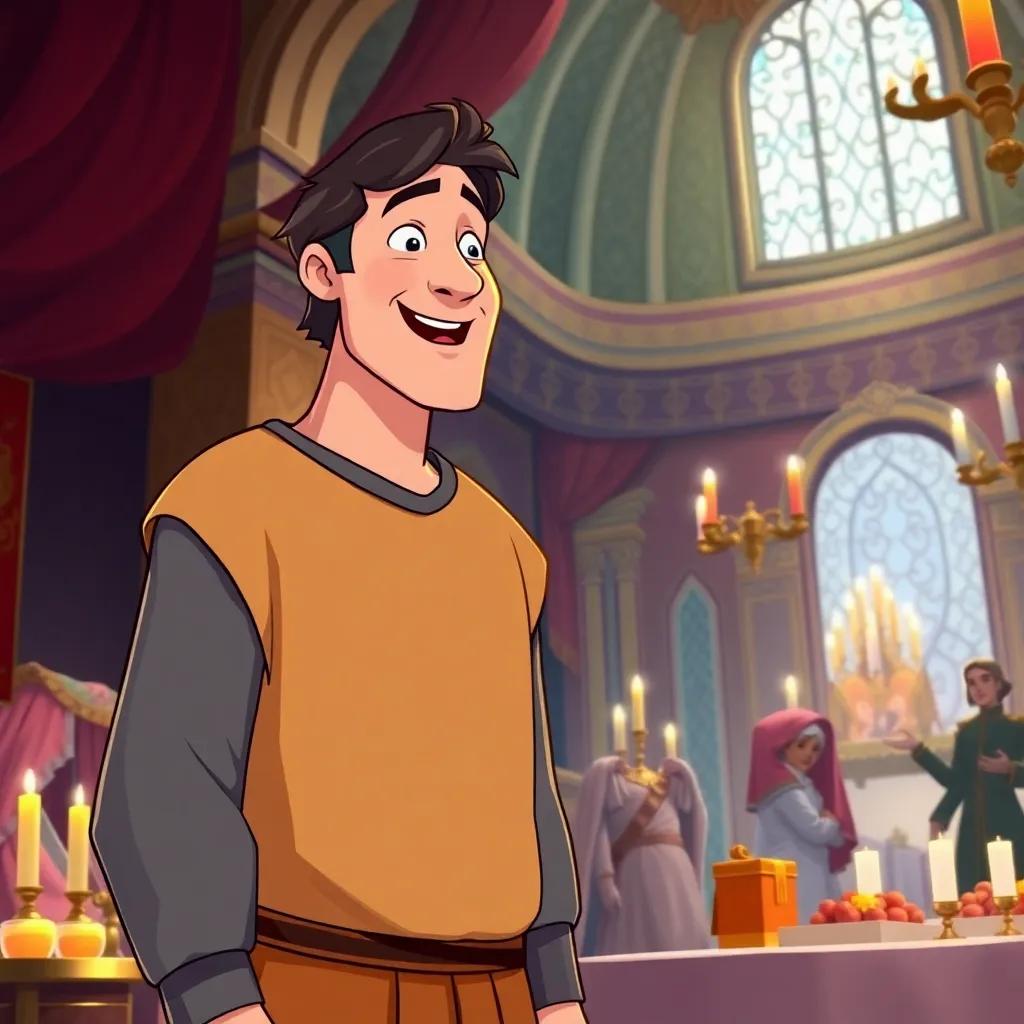 Basilius, a tall man with dark hair wearing a simple tunic, excitedly suggesting a feast to Michael III in the grand banquet hall, colorful decorations, inviting and warm, illustration, joyful, engaging