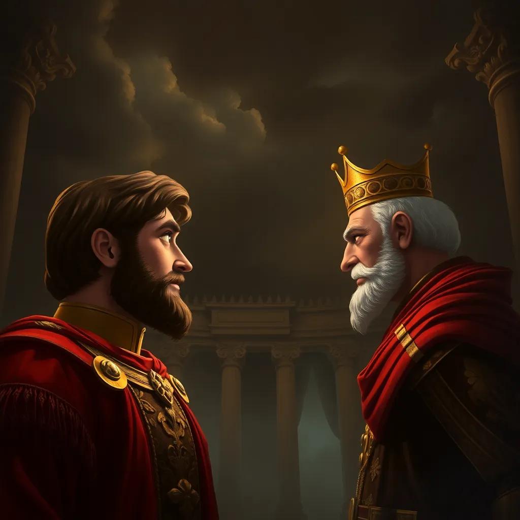 Dark clouds of betrayal in the palace as Michael III looks shocked, facing a smug Basilius, rich gold and dark shadows contrasting, digital painting, dramatic and moody, intense atmosphere, high quality