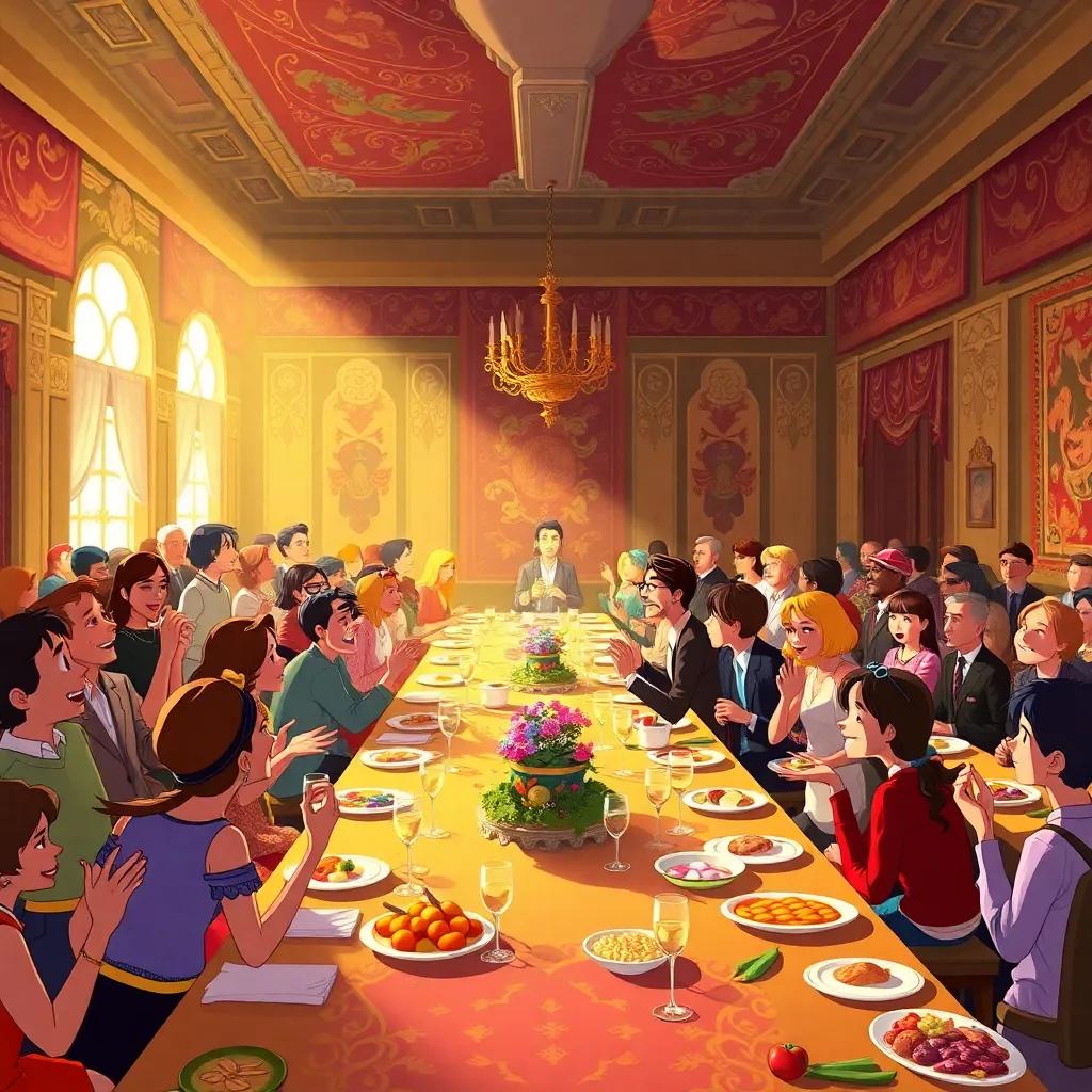 The banquet filled with guests and laughter, but with an underlying tension, a beautiful room adorned with rich tapestries, colorful tables filled with food, illustration, lively, vibrant, inviting