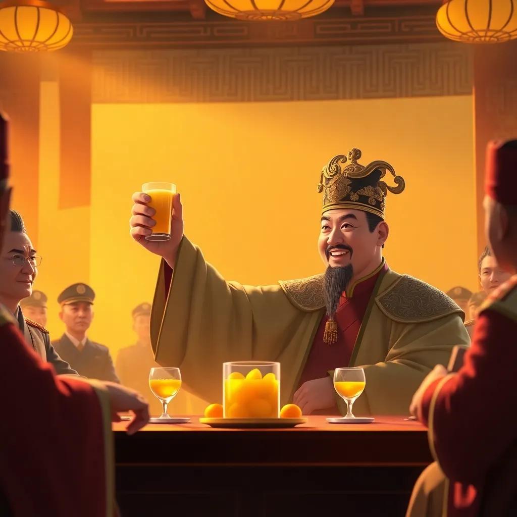 Emperor Sung raising a cup of fruit juice at a grand banquet, sitting across from nervous generals, the room filled with warm golden light, creating a welcoming atmosphere, digital art, cheerful, friendly, high quality