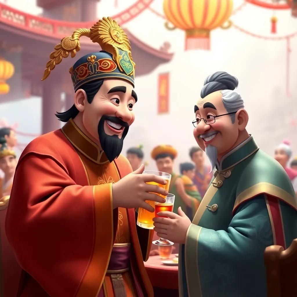 Emperor Sung warmly smiling as he offers a drink to King Liu, surrounded by colorful banquet decorations, with trust in the air, digital painting, heartfelt and inviting, must convey sincerity