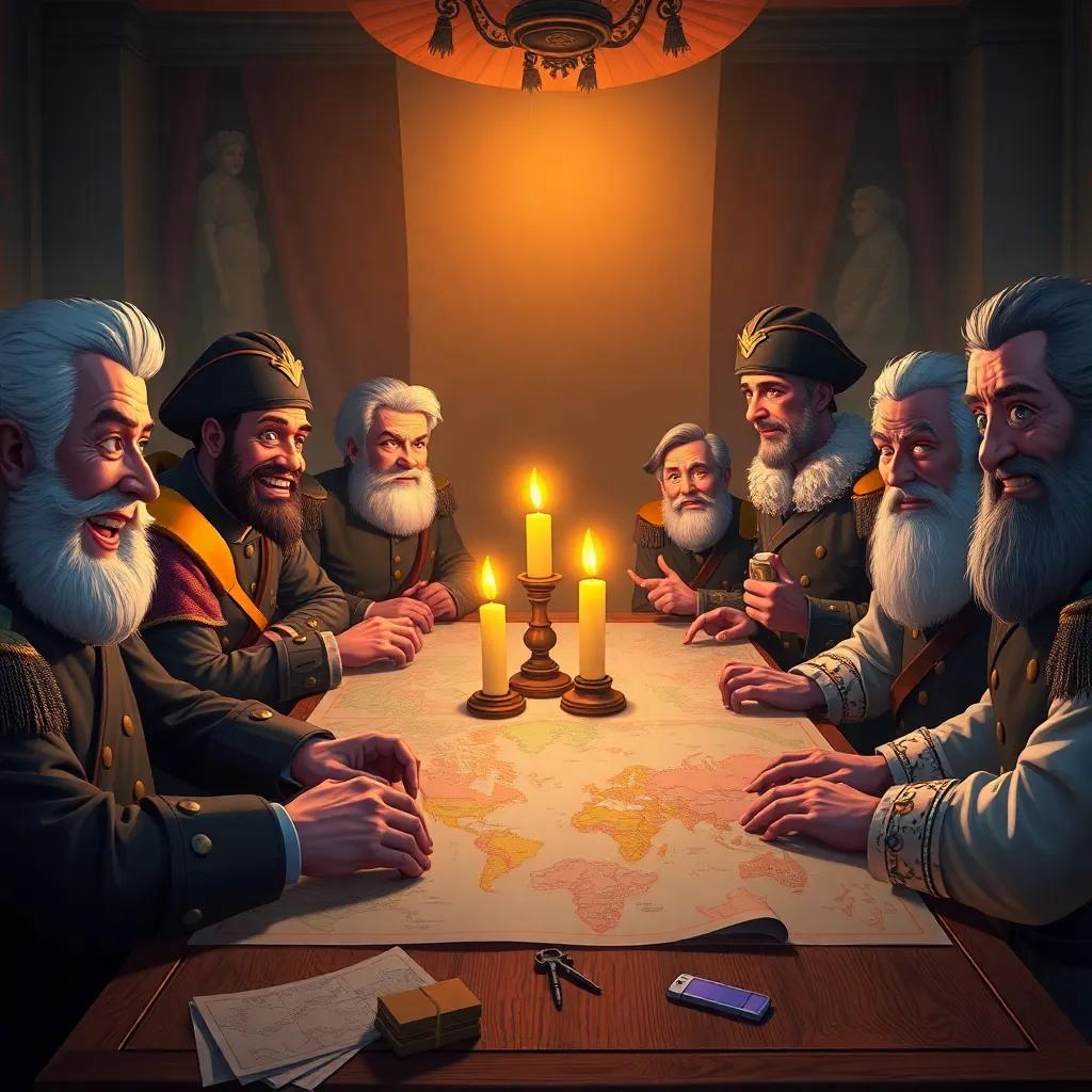 Generals transformed into loyal allies around a table with maps and plans, excited expressions, bright candlelight illuminating their faces, vibrant and dynamic, joyful atmosphere, high quality