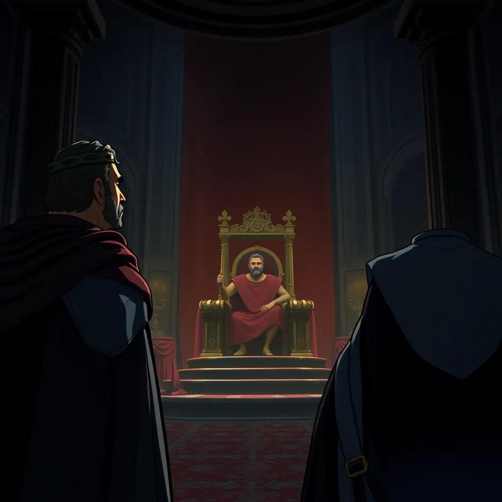 Michael III gazing regretfully as Basilius claims the throne, dark shadows and dim light symbolizing betrayal, the throne room filled with foreboding energy, illustration, dramatic, intense, high quality
